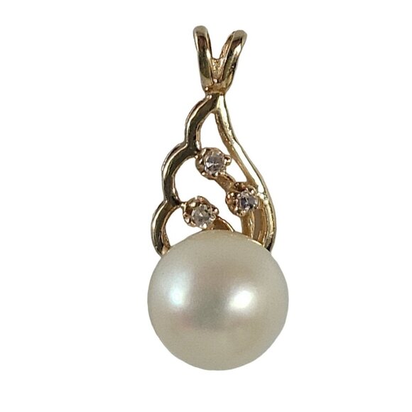 14KT Solid Yellow Gold Large 9mm Akoya Pearl Diamond Accent Pendant 2.6 Grams
